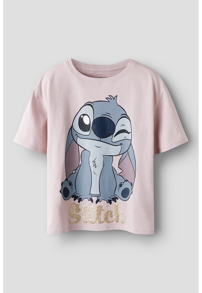 Tricou din amestec de bumbac cu imprimeu Stitch - Roz pal/Albastru deschis