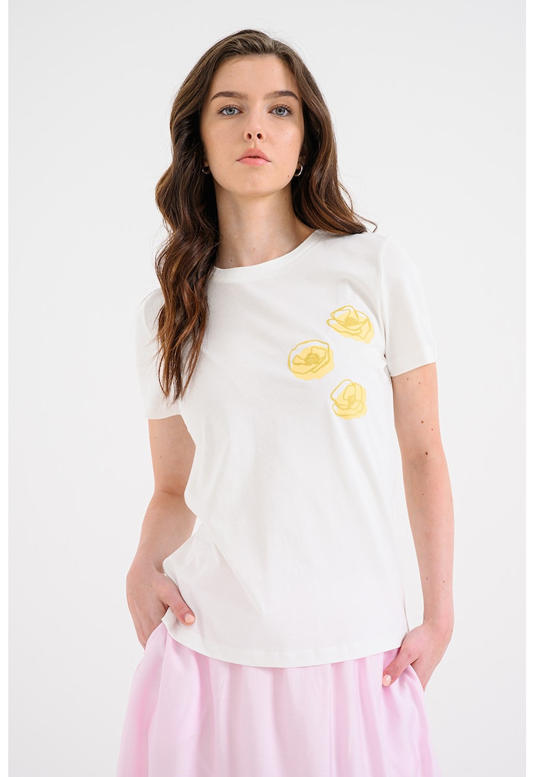 Tricou din bumbac organic cu decolteu la baza gatului - Alb/Galben sofran