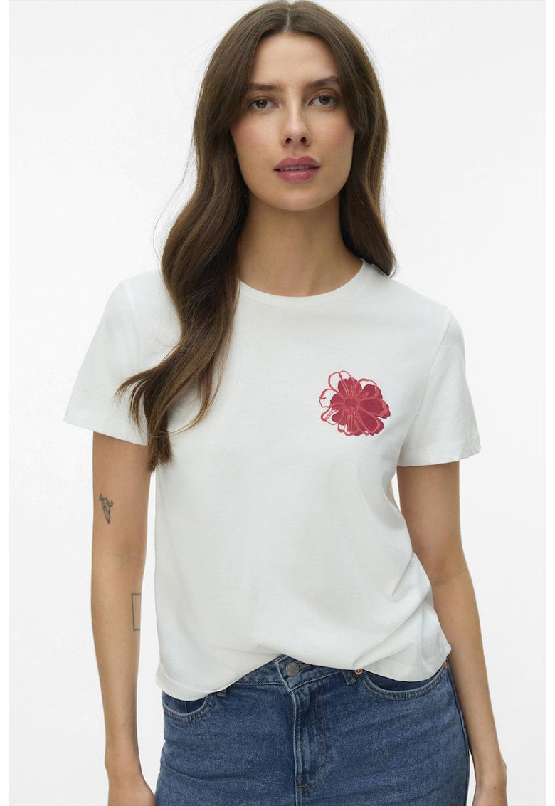 Tricou din bumbac organic cu decolteu la baza gatului - Rosu/Alb