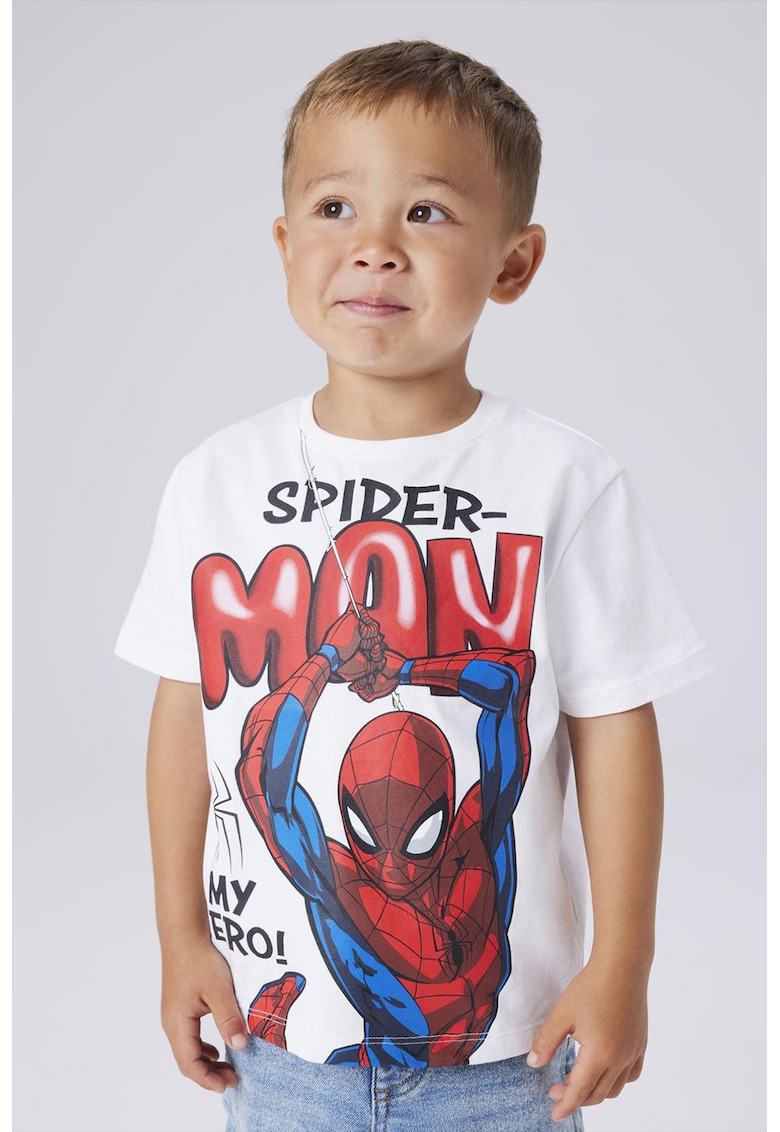 Tricou din amestec de bumbac organic cu imprimeu Spider-Man - Rosu/Alb optic