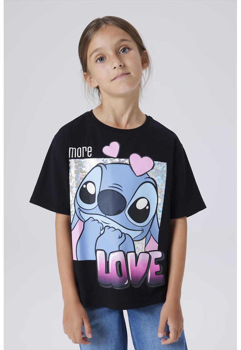 Tricou lejer cu imprimeu Stitch - Negru/Roz/Albastru deschis