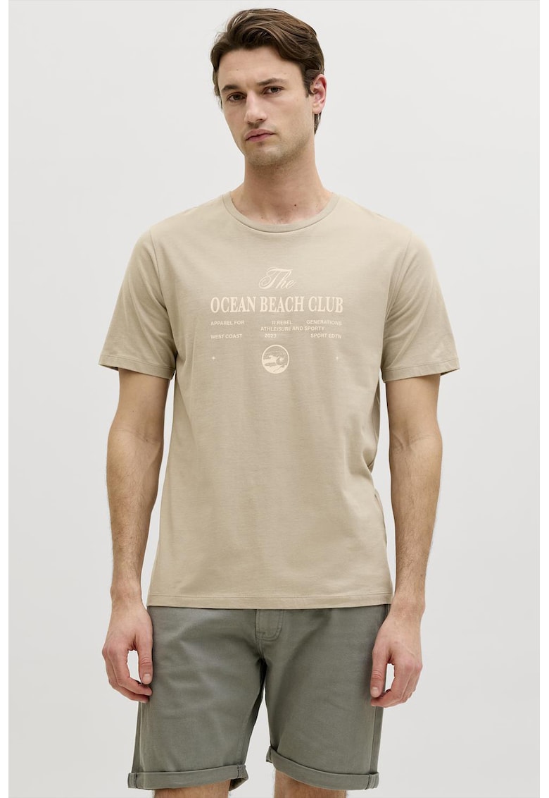 Tricou cu decolteu la baza gatului si imprimeu grafic - Bej