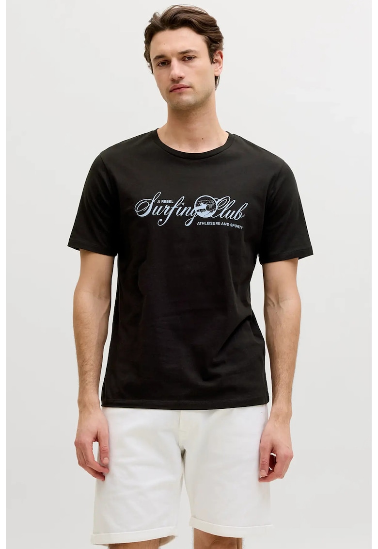 Tricou cu decolteu la baza gatului si imprimeu grafic - Negru/Albastru deschis