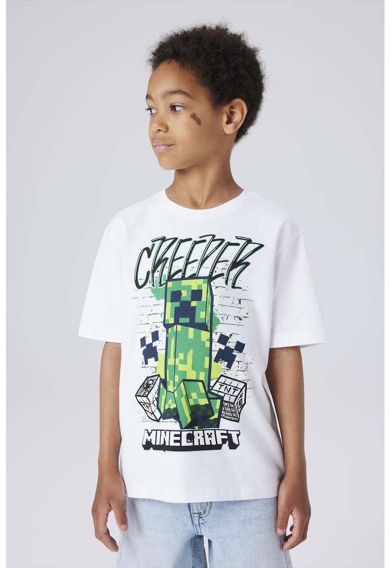 Tricou din bumbac organic cu imprimeu Minecraft - Verde/Alb optic