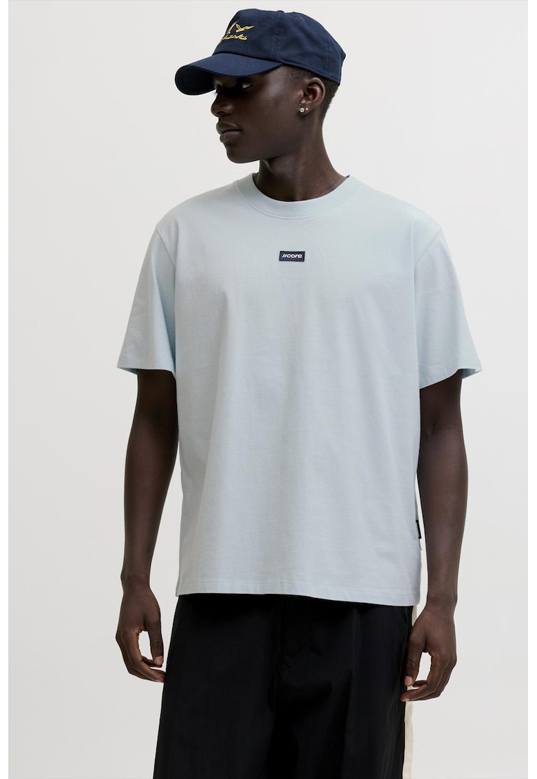 Tricou din bumbac cu decolteu la baza gatului si imprimeu logo discret - Albastru pal