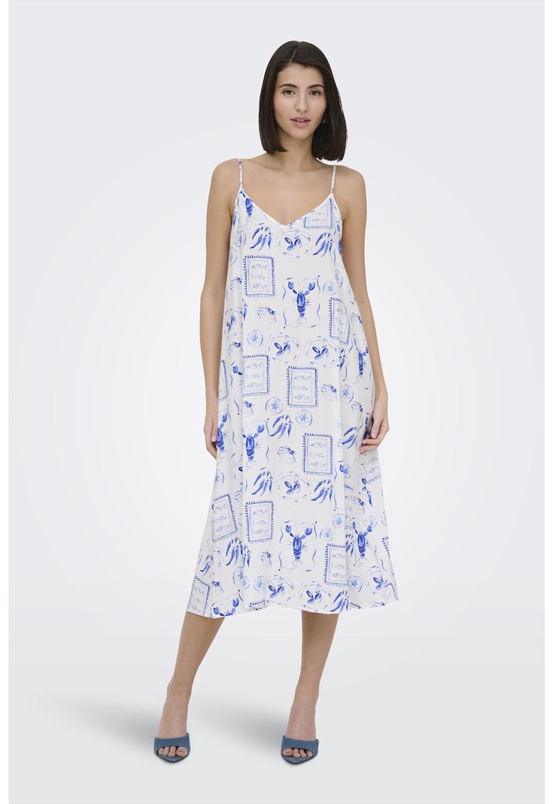 Rochie midi cu model homari - Alb/Albastru