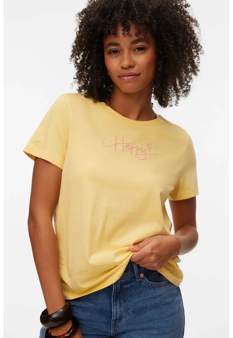 Tricou din bumbac organic si imprimeu pe piept - Galben sofran