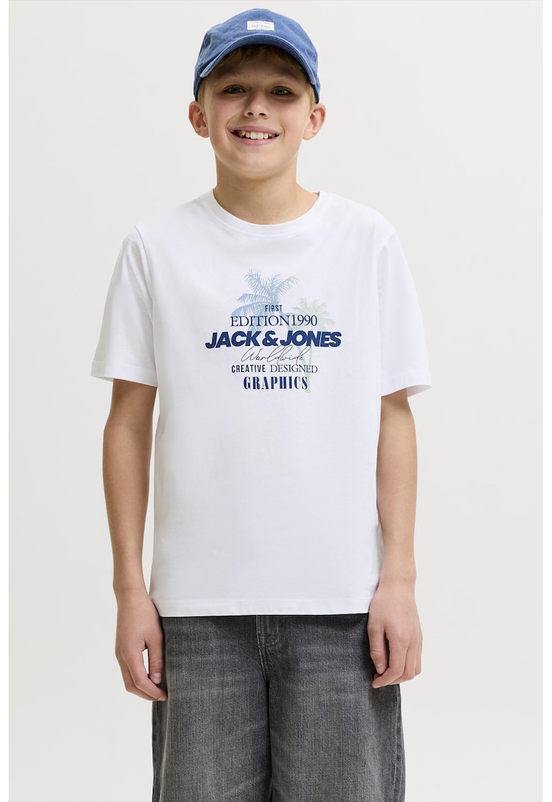 Tricou cu imprimeu grafic si logo - Alb optic/Albastru