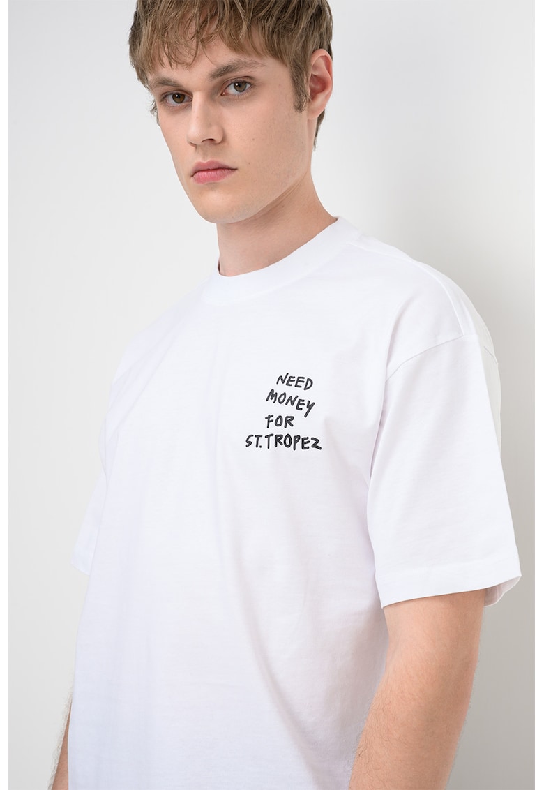 Tricou din bumbac organic cu imprimeu text Money - Negru stins/Alb murdar