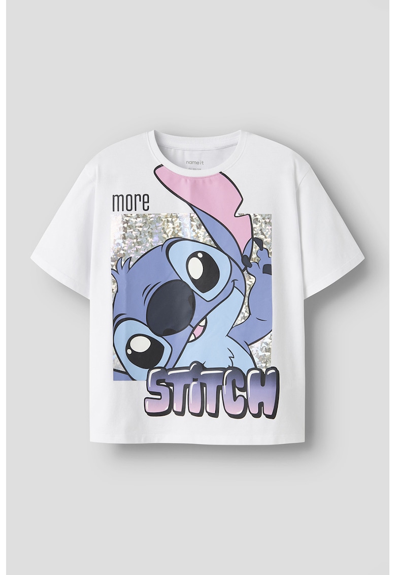 Tricou lejer cu imprimeu Stitch - Alb optic/Albastru stins