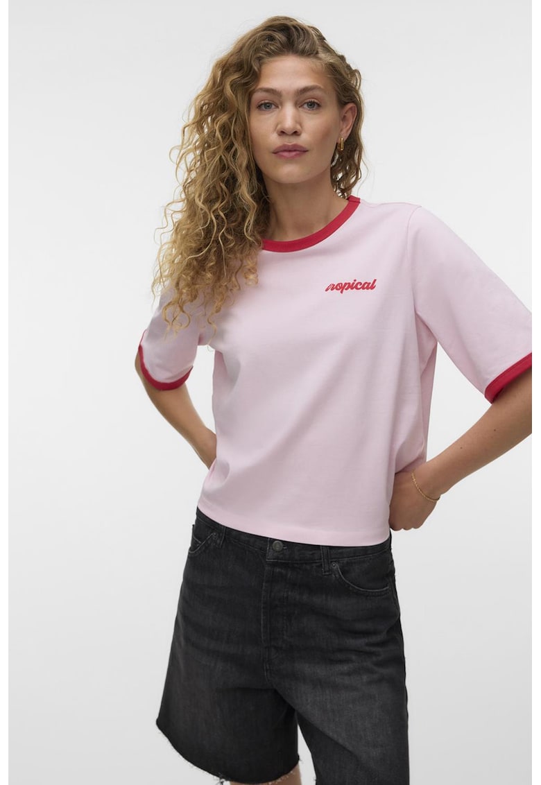 Tricou lejer cu maneci cazute - Rosu/Roz bombon