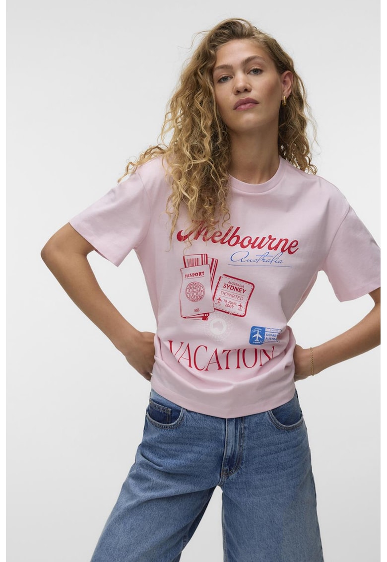 Tricou din bumbac organic cu maneci cazute - Rosu/Roz bombon