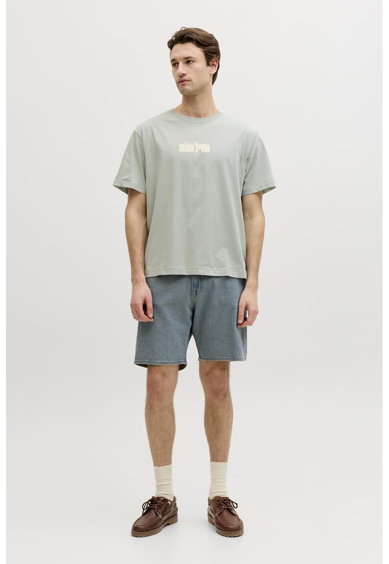 Tricou din bumbac cu decolteu la baza gatului si imprimeu - Bej/Gri cenusiu
