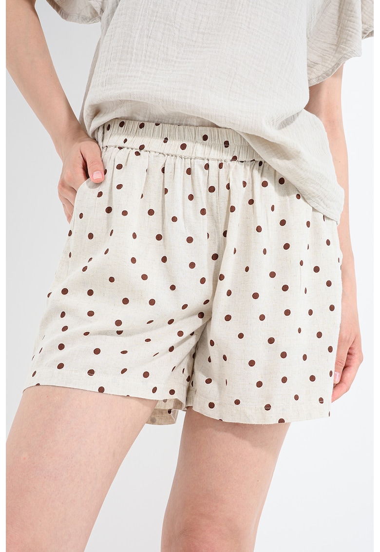 Pantaloni scurti din amestec de in cu buline - Maro cognac/Bej deschis