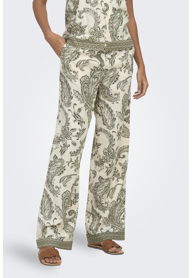 Pantaloni din amestec de in cu croiala ampla - Verde stins/Bej deschis