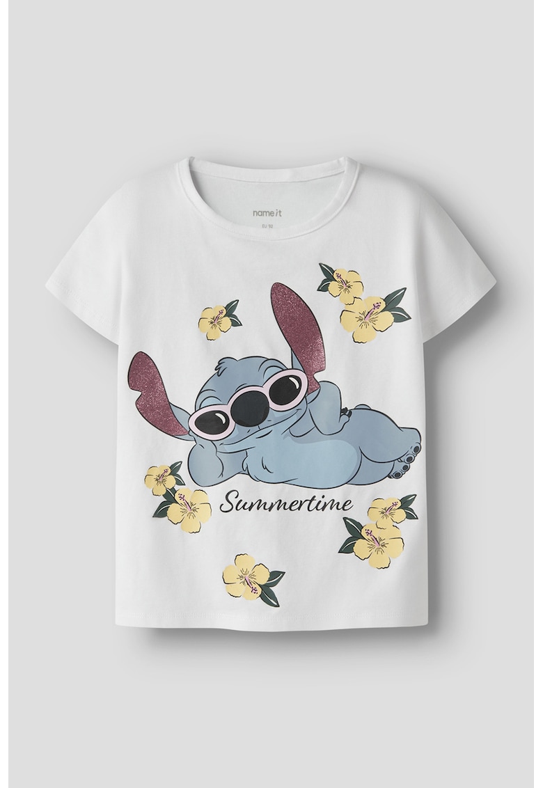 Tricou cu imprimeu Stitch - Alb optic/Albastru stins