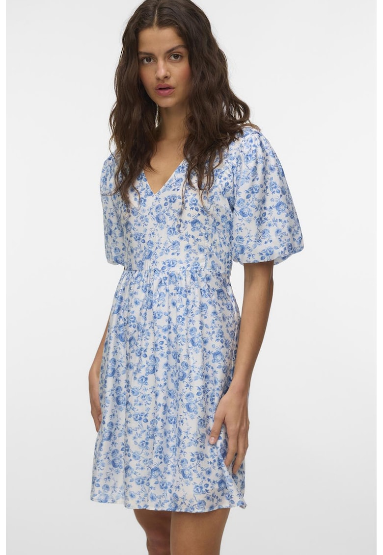 Rochie evazata cu imprimeu floral - Alb/Albastru