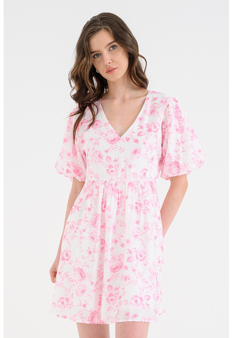 Rochie evazata cu imprimeu floral - Roz deschis/Alb murdar