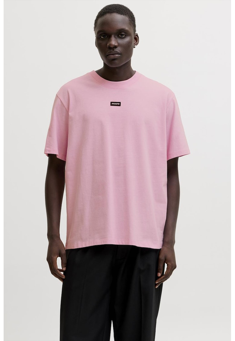 Tricou din bumbac cu decolteu la baza gatului si imprimeu logo discret - Roz pastel