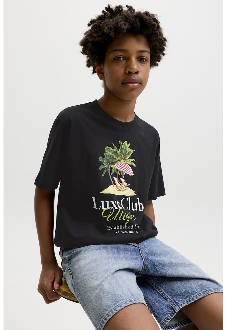 Tricou lejer din bumbac cu imprimeu organic - Negru/Galben pastel