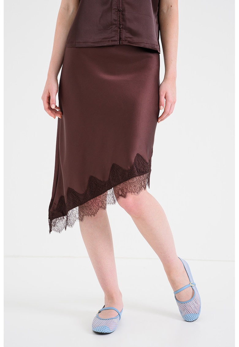 Fusta asimetrica din satin Faraya - Maro cognac