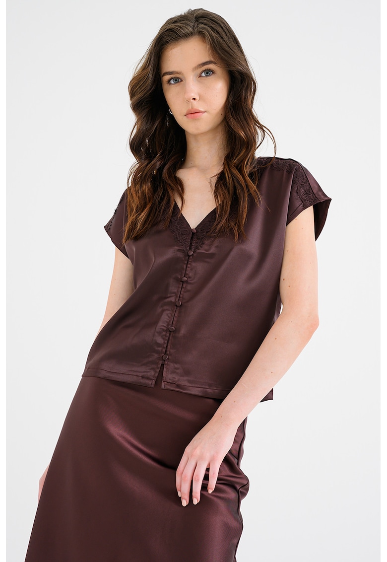 Bluza de satin cu maneci scurte Faraya - Maro cognac