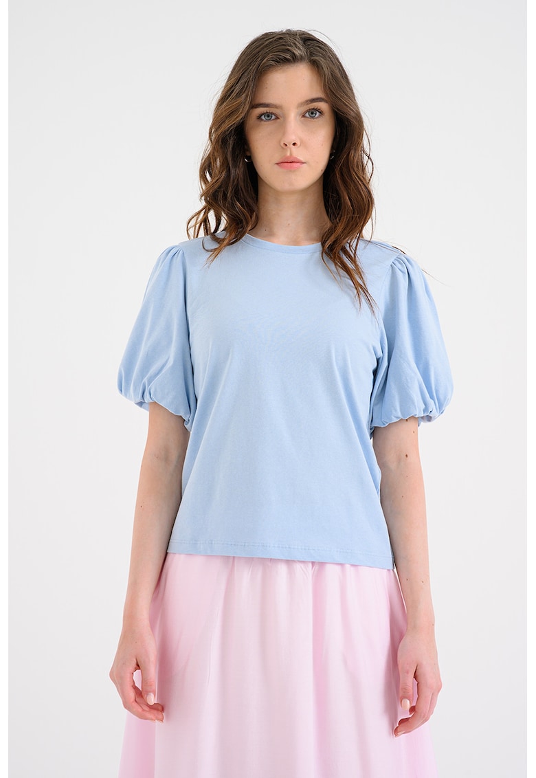 Tricou din bumbac organic cu maneci bufante Pernilla - Albastru pastel