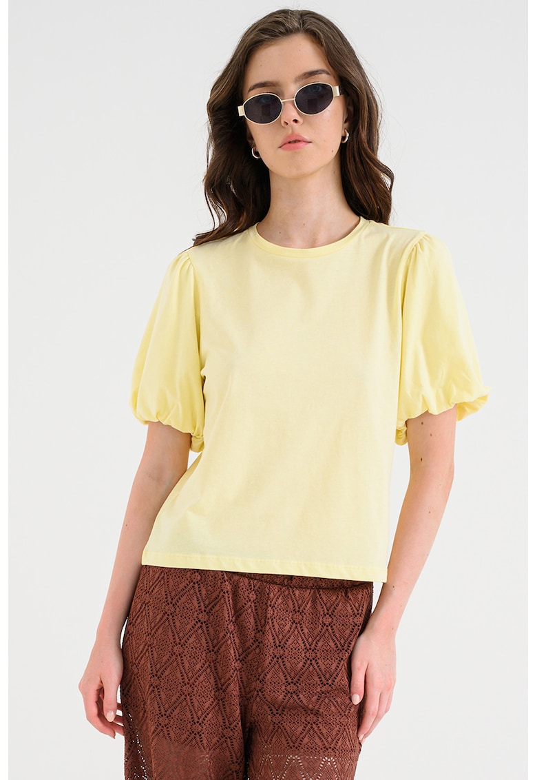 Tricou din bumbac organic cu maneci bufante Pernilla - Galben pai