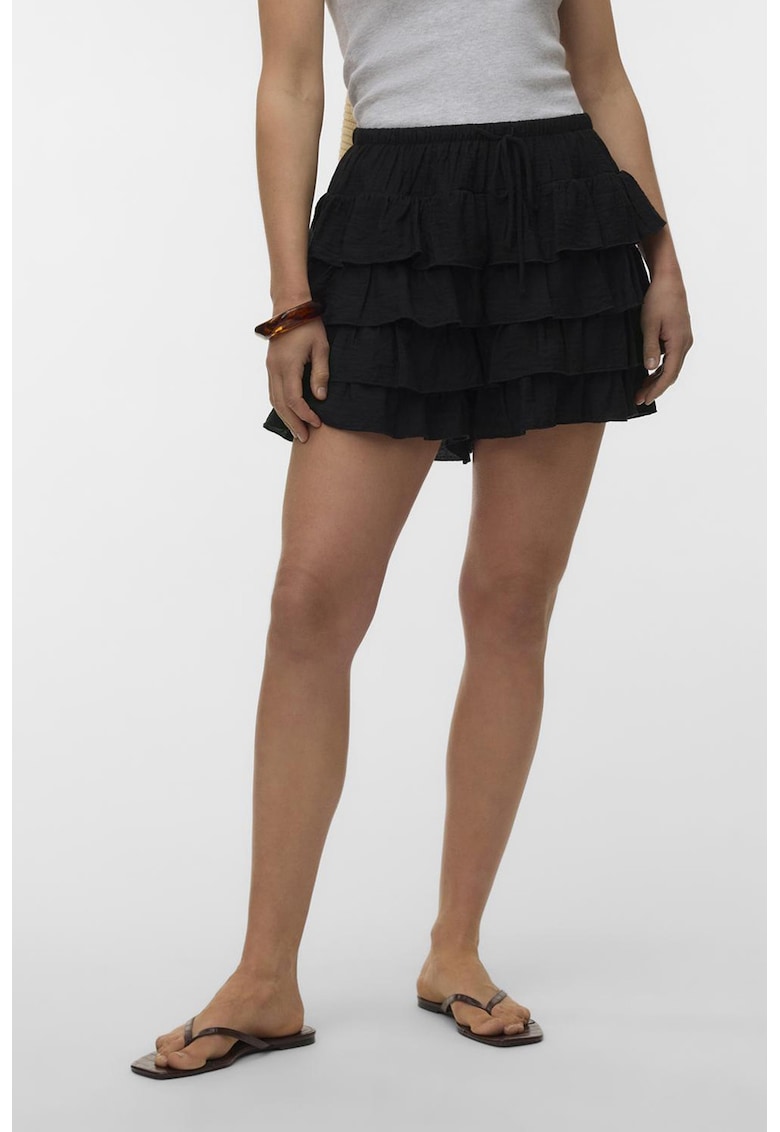 Pantaloni scurti cu model stratificat si volane - Negru