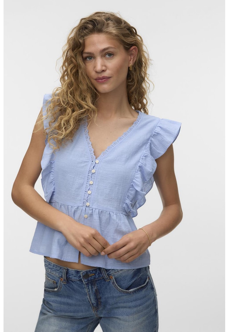 Top din amestec de bumbac organic si in cu volane - Albastru pastel