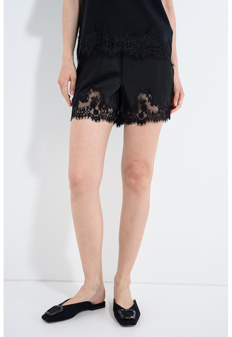 Pantaloni scurti din satin cu insertii din dantela Jessa - Negru