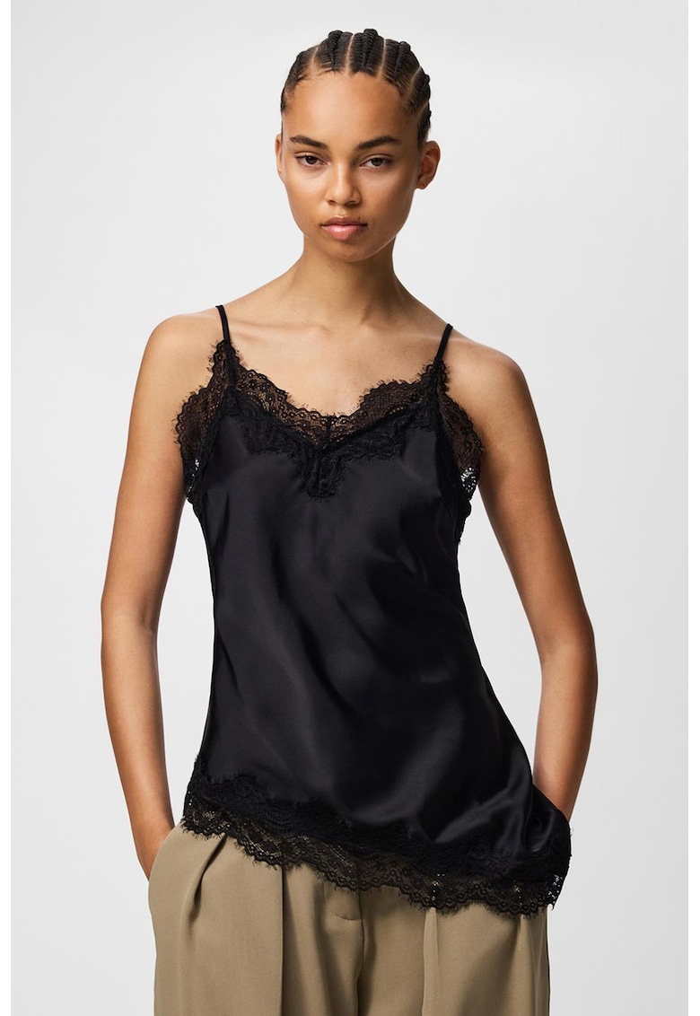 Top asimetric din satin cu garnituri din dantela - Negru