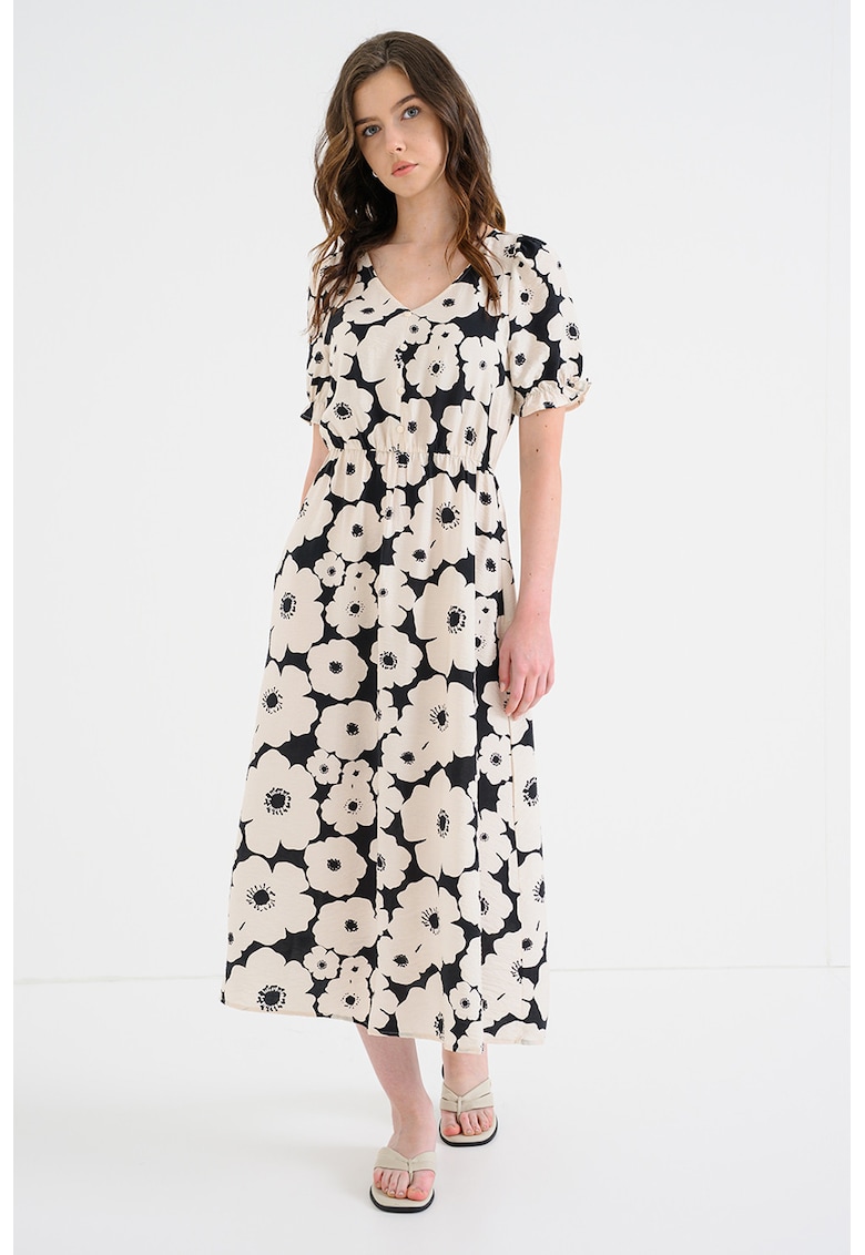 Rochie evazata cu model floral - Negru/Bej