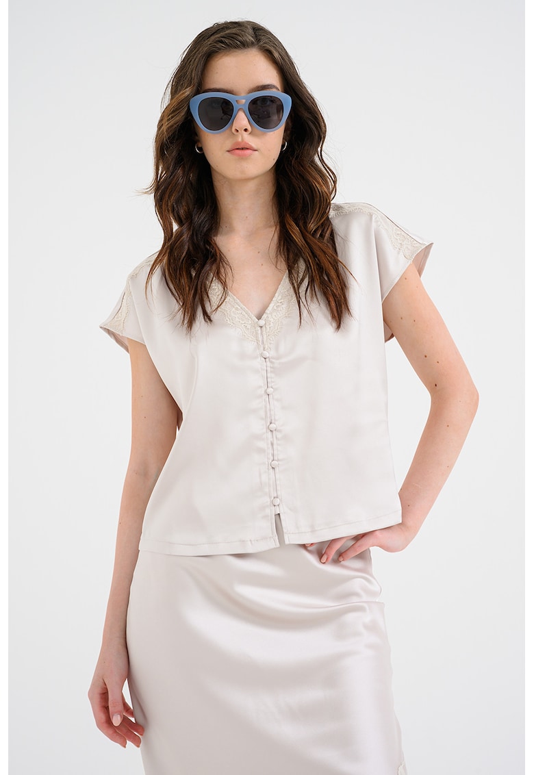 Bluza de satin cu maneci scurte Faraya - Bej deschis