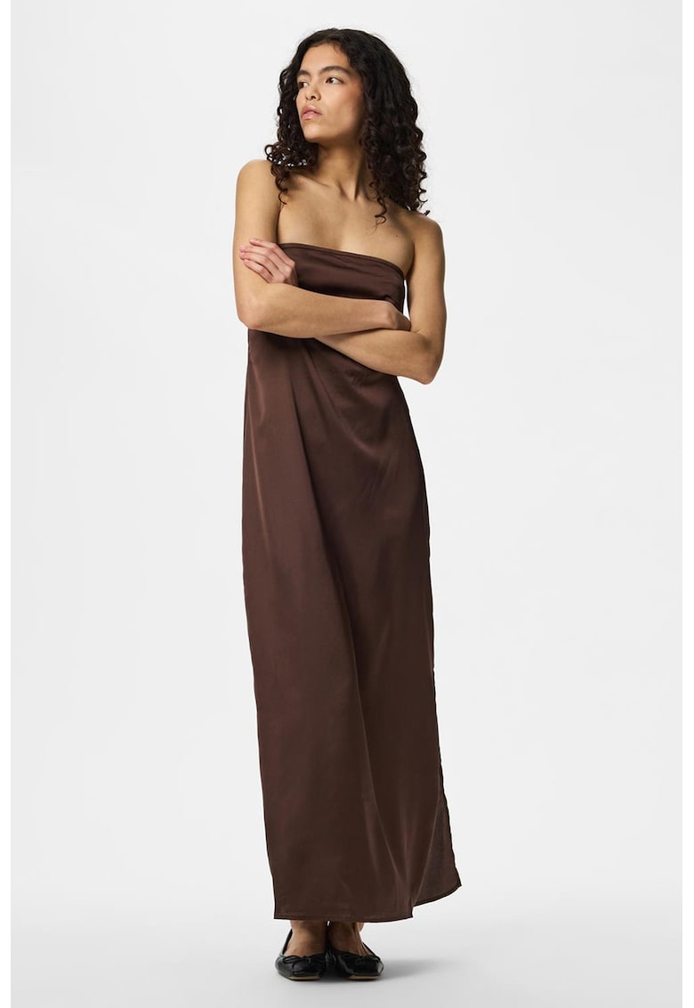 Rochie lunga din satin cu segment transparent pe partea din spate - Maro cafeniu