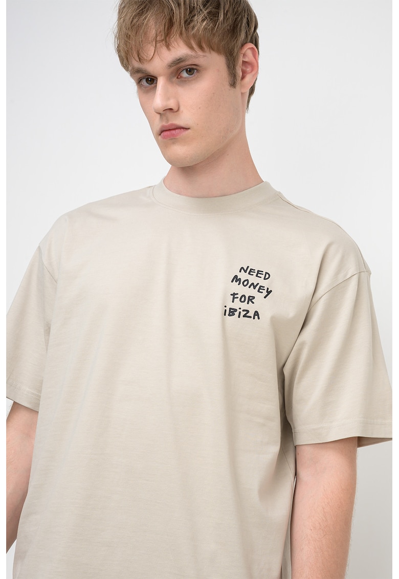 Tricou din bumbac organic cu imprimeu text Money - Bej deschis