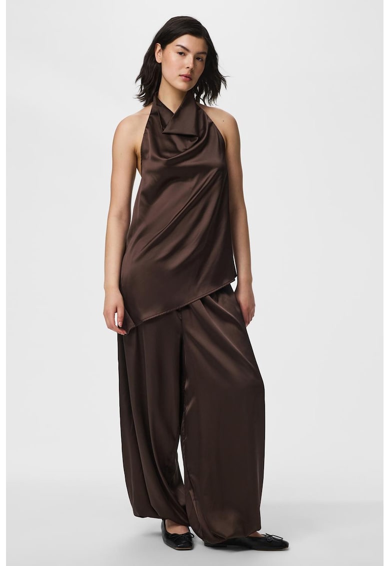 Bluza drapata din satin cu croiala asimetrica - Maro inchis