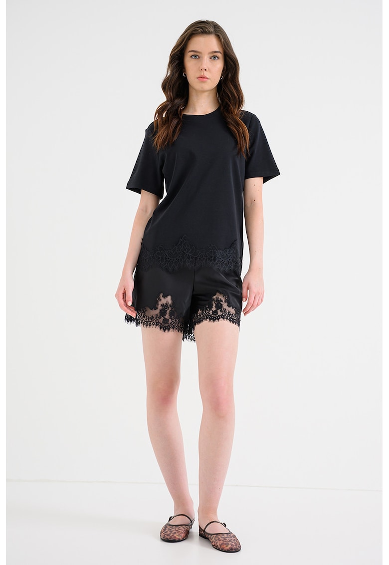 Tricou din bumbac organic cu garnitura din dantela la terminatie - Negru