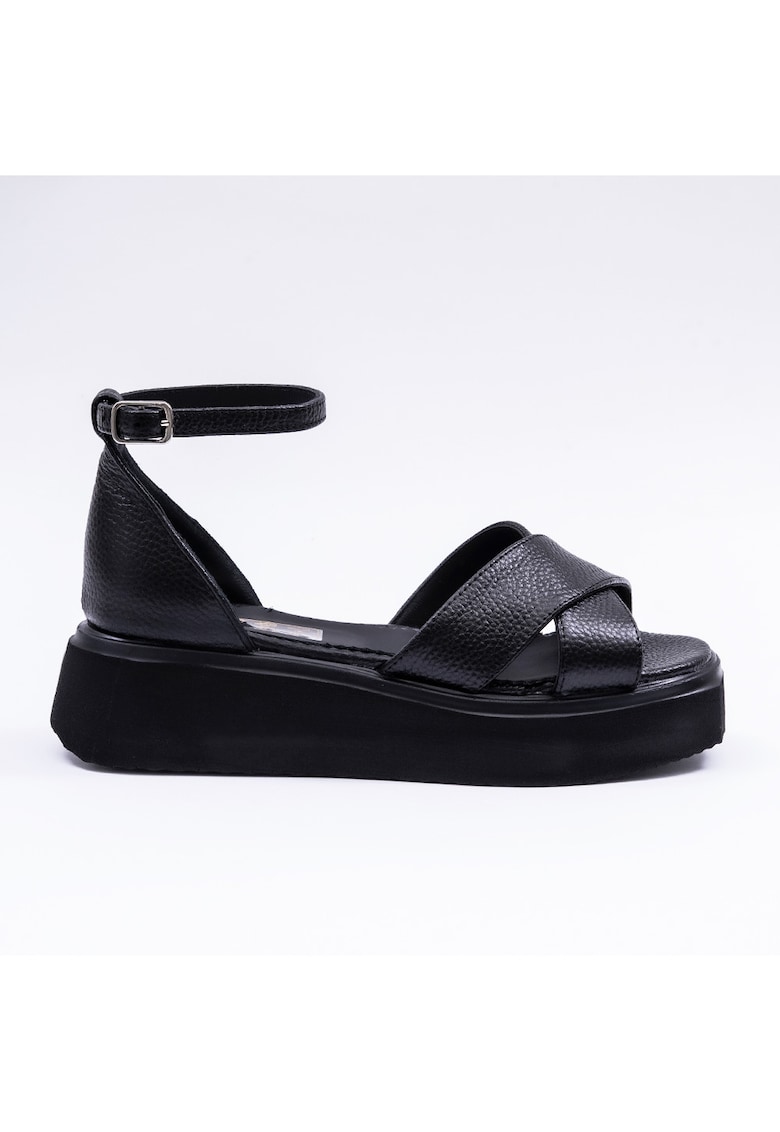 Sandale din piele cu bareta pe picior - Negru - Negru