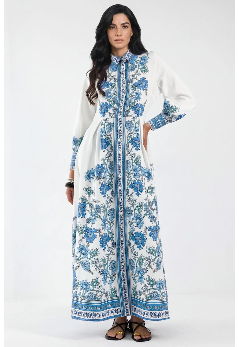 Rochie tip camasa Maxi - floral - cu curea - multicolor - poliester si lycra
