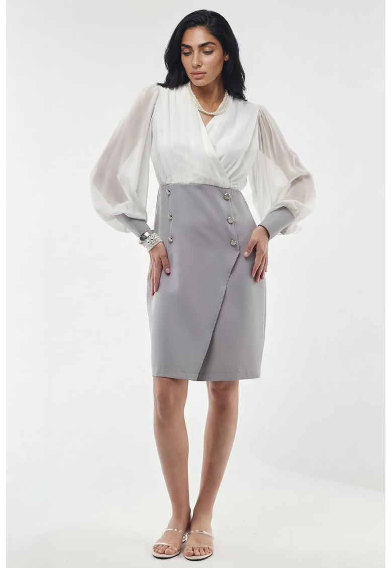 Rochie midi - eleganta - gri deschis - decolteu in V - maneca lunga - fara inchidere - detalii cu buton