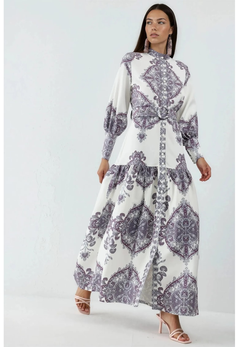 Rochie Maxi - Imprimeu Paisley - Maneca lunga - Gri - Poliester cu Lycra