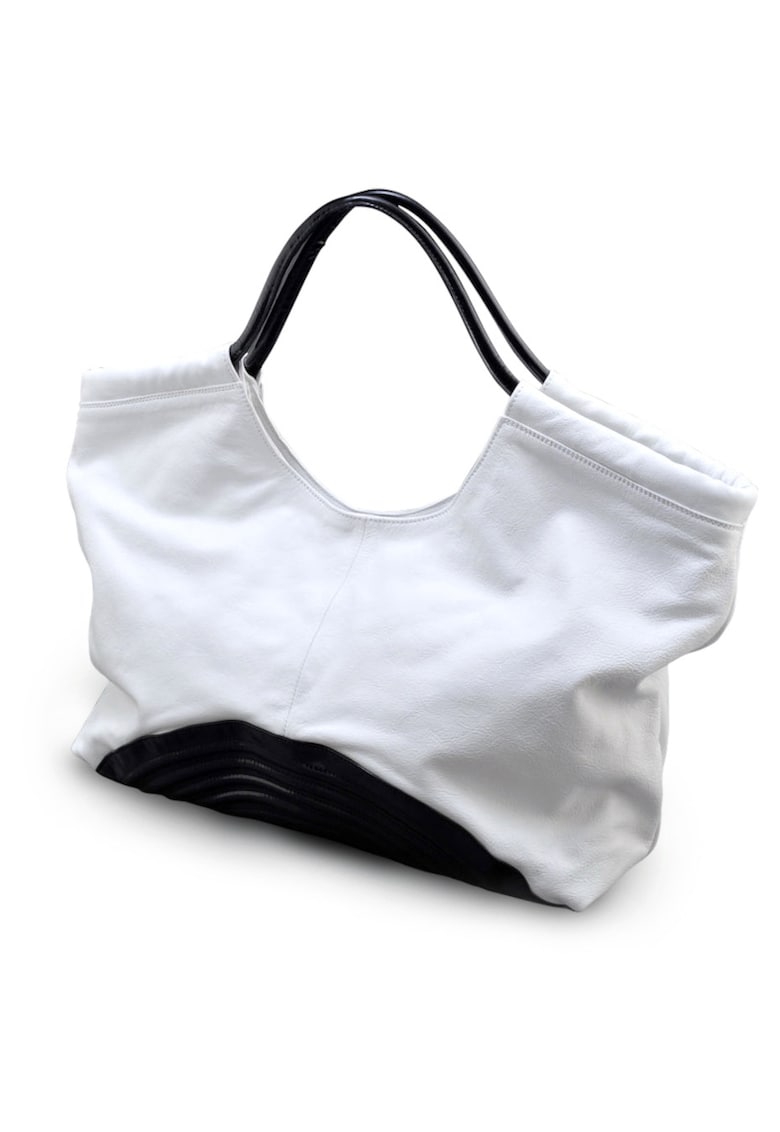 Geanta dama Flow - piele naturala - alb-negru
