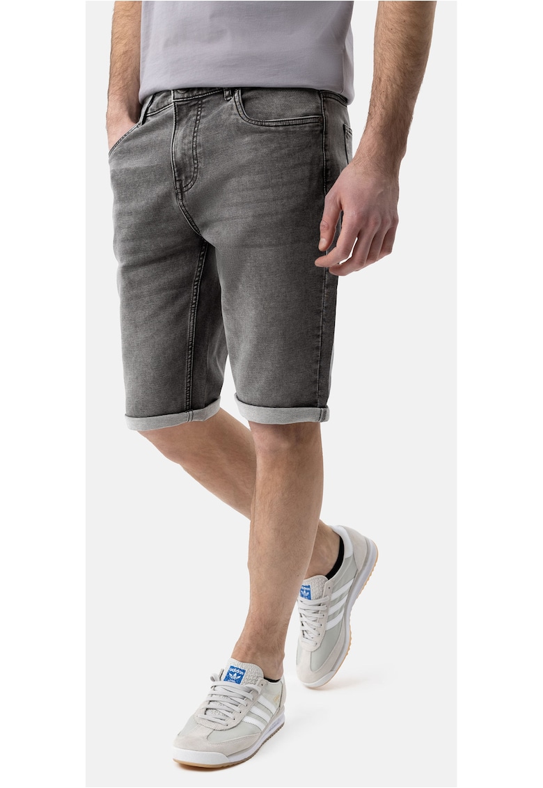 Blugi scurti cu mansete plisate - buzunare - Regular Fit - stone wash - E-Mext - gri - Gri