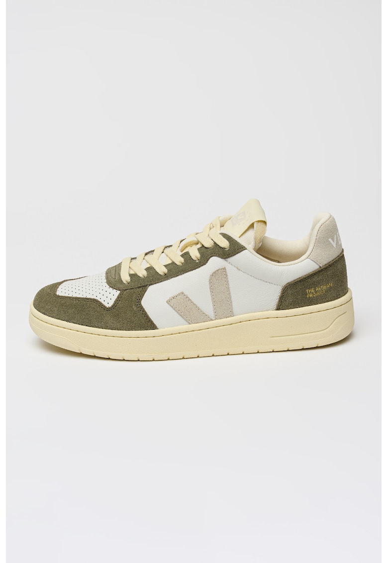 Pantofi sport low-cut de piele si piele intoarsa - Alb/Kaki deschis