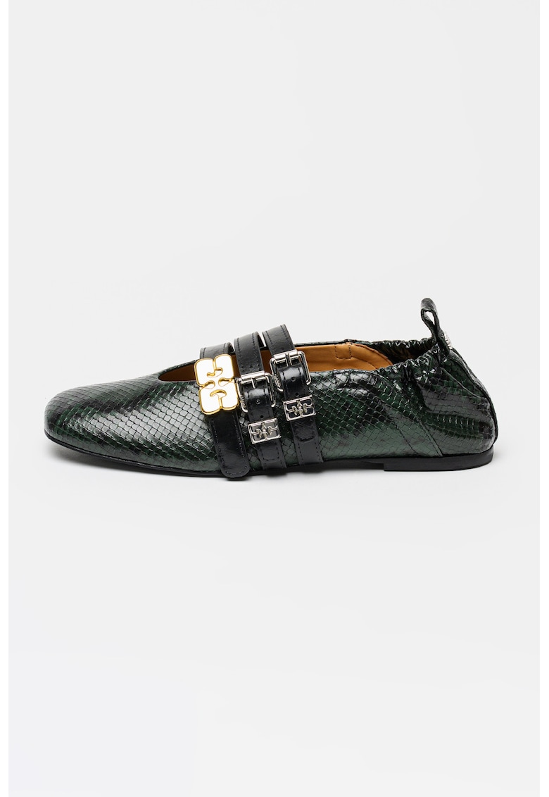 Balerini de piele ecologica cu aspect piele decrocodil - Negru/Verde padure