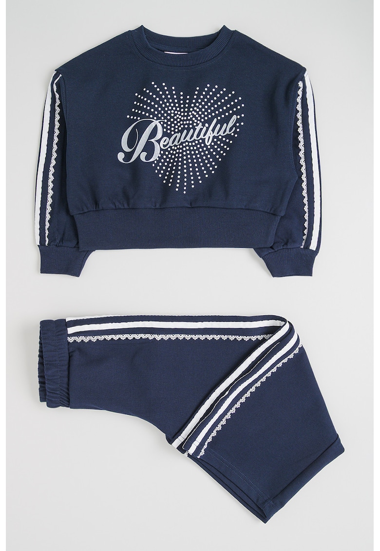 Set de bluza crop de trening cu imprimeu si pantaloni de trening - 2 piese - Bleumarin