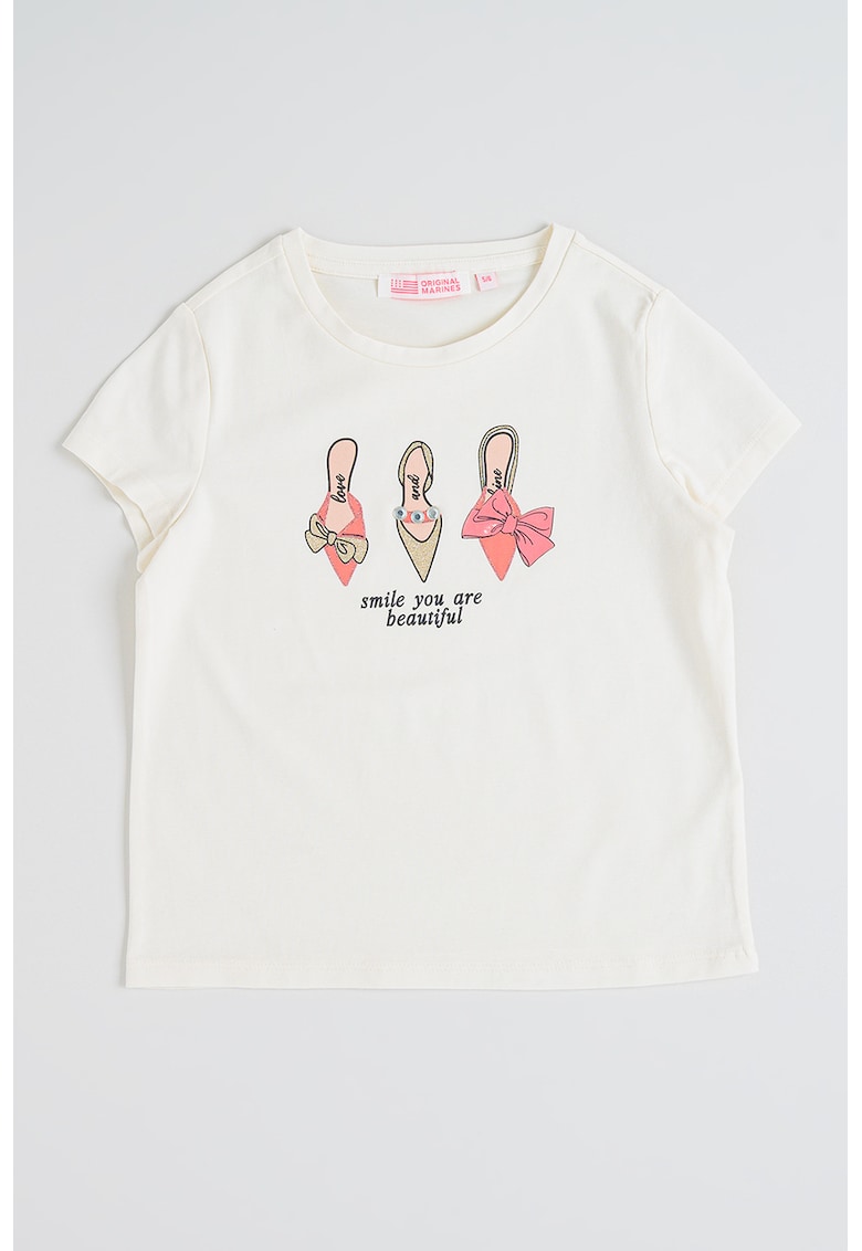 Tricou din amestec de bumbac cu imprimeu text si grafic - Alb murdar/Roz