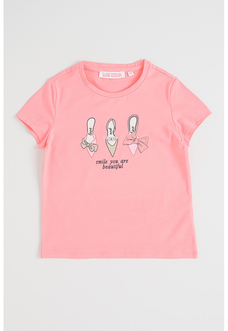 Tricou din amestec de bumbac cu imprimeu text si grafic - Roz