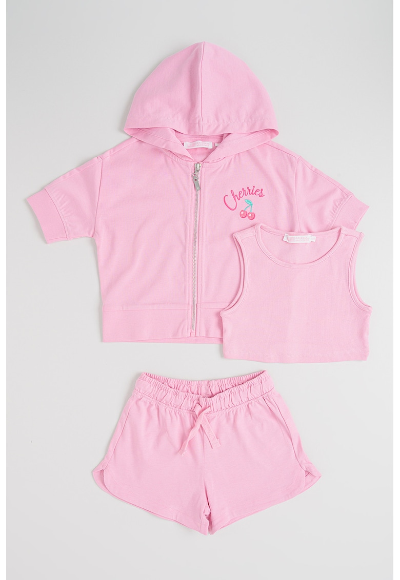Set de hanorac din bumbac cu maneci scurte - top si pantaloni scurti - 3 piese - Roz pastel